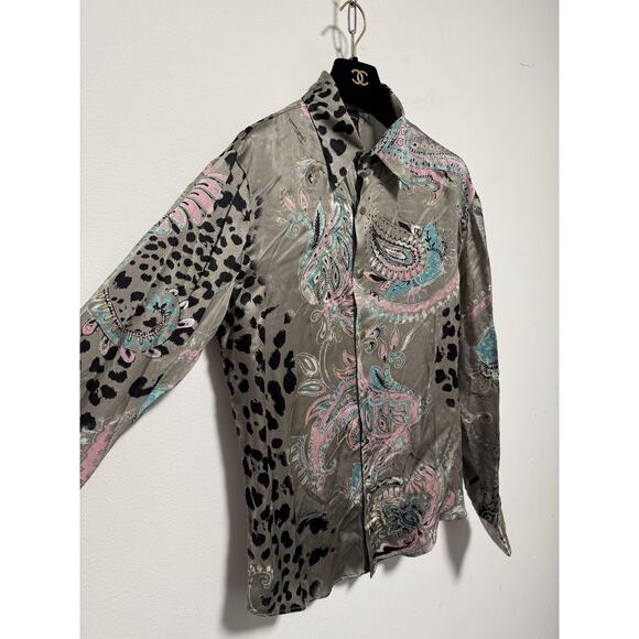 Just Cavalli Shirt Mens 50 Gray Paisley Animal Print Made Italy Long Sleeve Silk - Picture 1 of 8